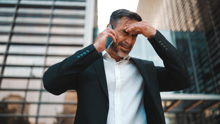 Middle-aged businessman with neat beard in office clothes uses mobile phone. Successful man emotionally talking on smartphone. Disappointment, troubleの写真素材