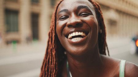 Close-up of beautiful woman with African braids raising her head and looking at the camera with smile on the building background.の写真素材