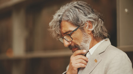 Profile mature businessman with beard in eyeglasses wearing gray jacket looking up at street signs...