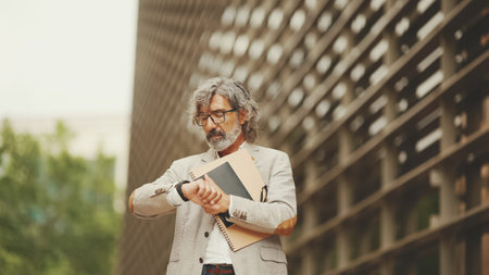 Mature businessman holding folder with business documents is standing outside on modern buildings...