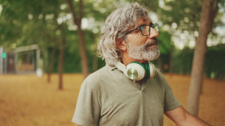 Thoughtful middle-aged man with gray hair and beard wearing casual clothes with headphones around his neck is walking down the streetの写真素材