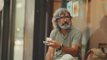 Clouse-up, thoughtful middle-aged man with gray hair and beard, wearing casual clothes, sits in street cafe. Mature gentleman in eyeglasses drinks aroma coffeeの写真素材