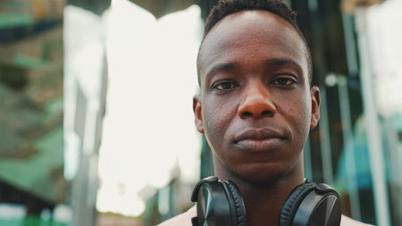 Young african student stands outside of university wearing headphones, smiling and looking at the cameraの写真素材