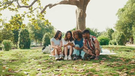 Happy, smiling multiethnic young people at picnic on summer day outdoors. Group of friends talking, using cellphone while relaxing in the park at picnicの写真素材