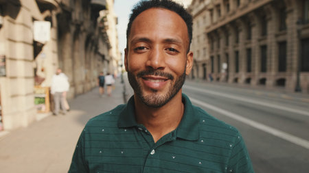 Close-up of happy young man standing on the street. Guy turns his head and smiles at the camera