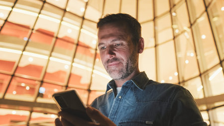 Close up, middle-aged man uses mobile phone in the evening standing next to business center