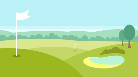 Golf landscape with a lake, forest and green fieldsのイラスト素材