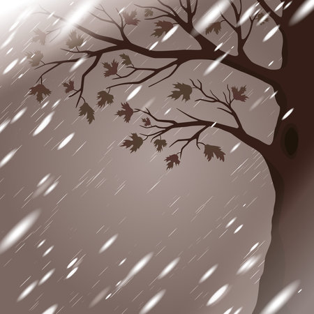 Autumn rain with brown tree silhouetteのイラスト素材