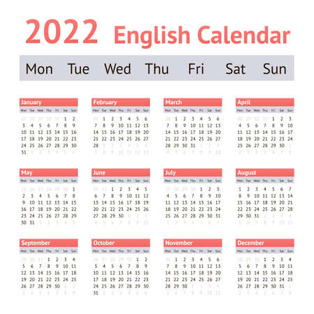 2022 European English Calendar. Weeks start on Mondayのイラスト素材