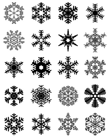Set of different black snowflakes on a white backgroundのイラスト素材