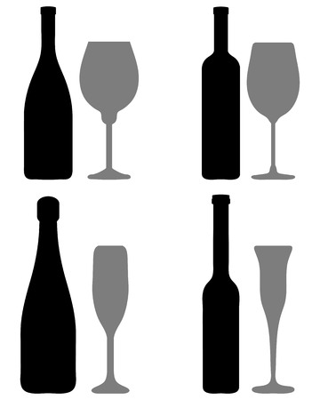 Black silhouettes of bottles and glasses on a white illustration.のイラスト素材
