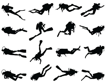 Black silhouettes of divers on a white backgroundのイラスト素材