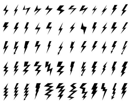 Black icons of thunder and flash lighting on a white backgroundのイラスト素材