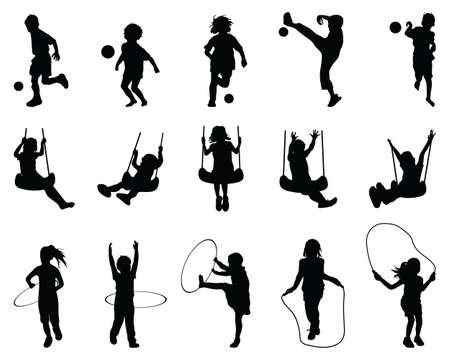Black silhouettes of playful children on a white backgroundのイラスト素材