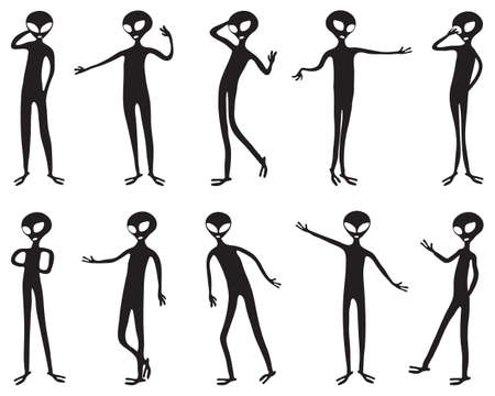 Black silhouettes of aliens  on a white backgroundのイラスト素材