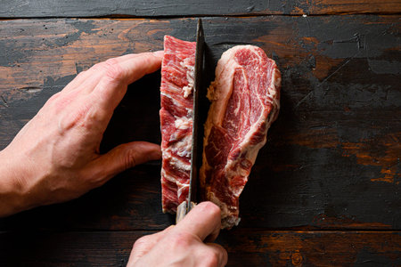 Chuck eye roll steak with butcher hands man cut meat with meat cleaver. Organic beef. at work chop....