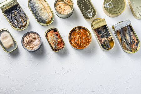 Cans with different preserve of fish and conserve seafood, opened and closed cans with Saury, mackerel, sprats, sardines, pilchard, squid, tuna, over white stone surface top view space for text.の写真素材