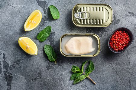 canned squid, set of opened cans closed conserve with fresh leaves and lemon with rose pepper over grey background top view .の写真素材