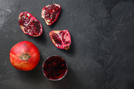 Garnet juice in glass with cuts and whole pomegranate over black textured background, top view with...