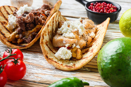 Mexican taco with chicken meat and ingredients, over white textured wooden surface background, side...