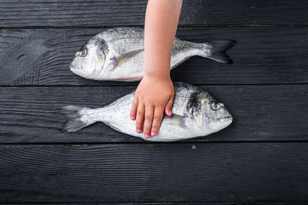 Raw whole pair dorado or sea bream fish with kid hand over it on black wooden table top viewの写真素材