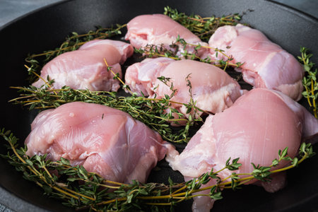 Chicken thighs on iron cast on gray background.の写真素材