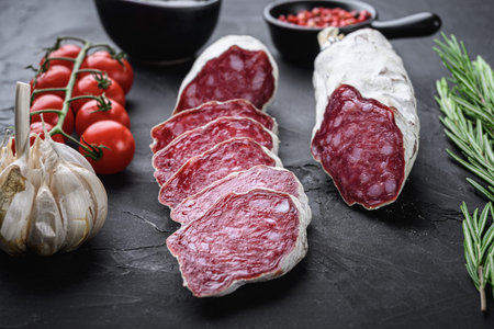 Dry cured salchichon sausage slices with herbs on black textured background.