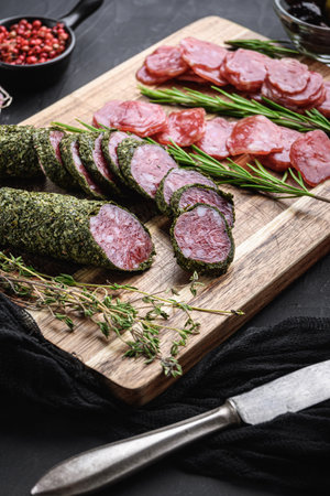 Spanish fuet salami sausage slices on black textured background.の写真素材