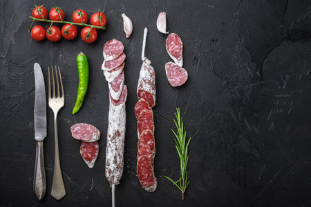 Dry cured fuet salami sausage slices on black textured background, topview with space for text.