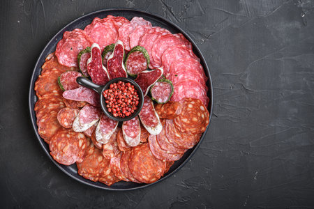 Dry cured sausage sliced -chorizo, fuet, salami on balck background, flat lay with copy space.