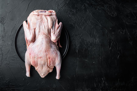 Raw young goose meat on black background, flat lay, with copy space.の写真素材