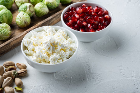 Cottage cheese, curd, on white textured backgroundの写真素材