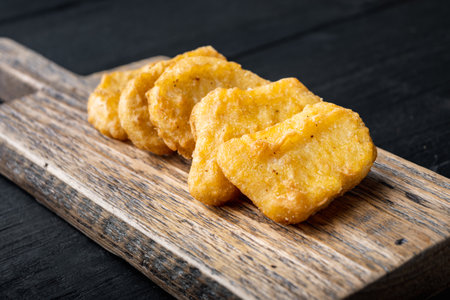 Chicken breast nuggets fried on black wooden background.の写真素材