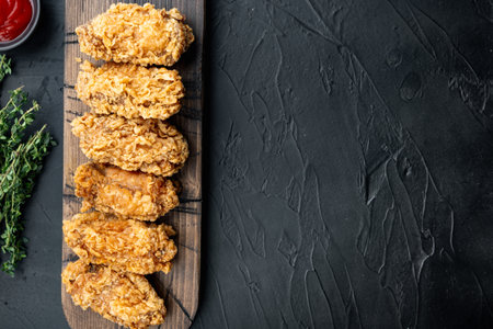 Fried chicken wings parts on black background, top view, with space for text.の写真素材