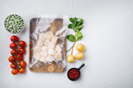 Frozen meat scallops in vacuum package, flat lay, on white textured background with space for text