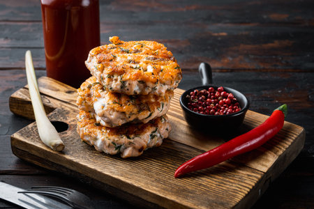 Grilled fishcakes set, on old wooden table