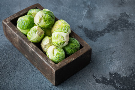 Raw brussels sprouts, on gray background with space for textの写真素材