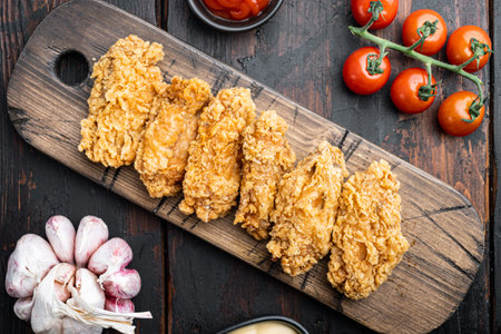 Fried chicken wings parts on old dark wooden table, flat lay.の写真素材