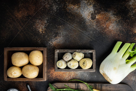 Fennel and artichoke with parmesan raw ingredient, on old rustic background, flat lay with space for textの写真素材