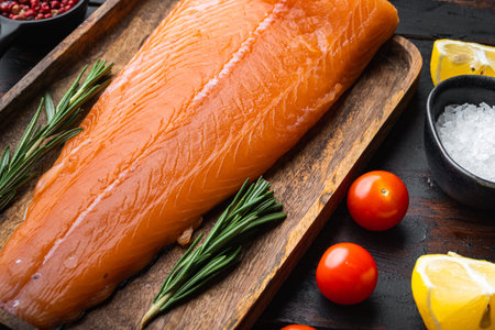 Fresh rainbow trout fillet on wooden dark planks.