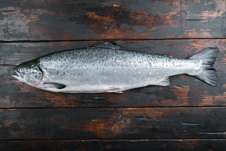 Fresh raw trout red fish on wooden background, flat lay with space for text.の写真素材