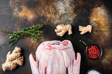 Raw whole farm duck meat on old dark background, flat lay, with space for text.の写真素材