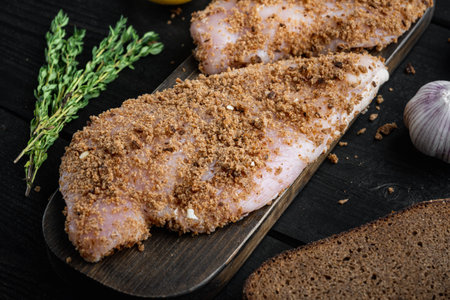 Crumbed uncooked chicken breasts ingredient, on black wooden background