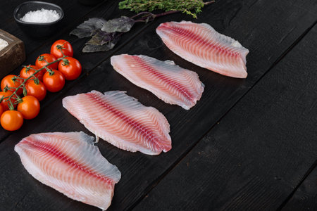 White fish fillet, with basmati rice and cherry tomatoes ingredients, on black wooden table with...