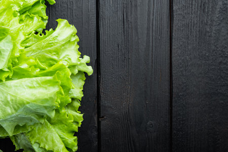 Fesh green lettuce salad organic leaves, on black wooden table with copy space for textの写真素材