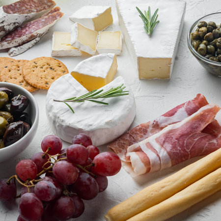 Appetizers table with differents antipasti set, on white backgroundの写真素材