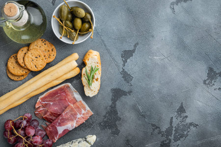 Ingredients for mediterranean food, meat cheede, herbs set, on gray background, flat lay with copy space for textの写真素材