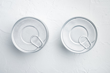 Canned dip tin can, on white background, top view or flat layの写真素材