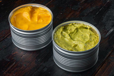 Canned guacamole and cheese dip in canの写真素材