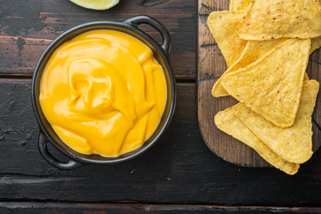 Tortilla chips with cheese dip sauce, on old wooden table, top view or flat layの写真素材